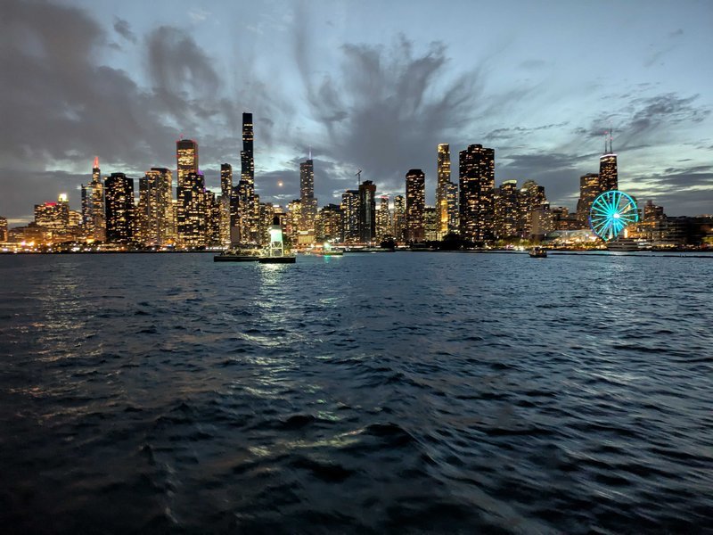 A view of the full Chicago downtown skyline from Lake Michigan