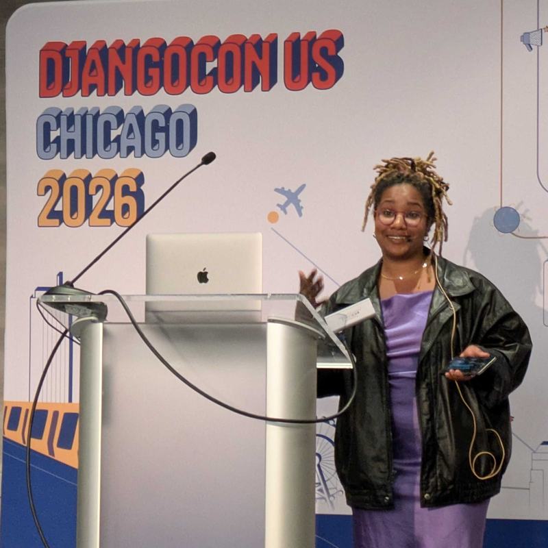 Dawn Wages giving her keynote on the DjangoCon 2026 main stage