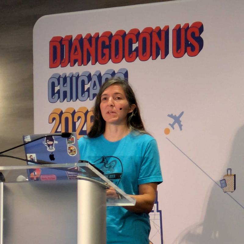 Chrissy Wainwright giving her Wagtail talk on the main stage of DjangoCon US 2026