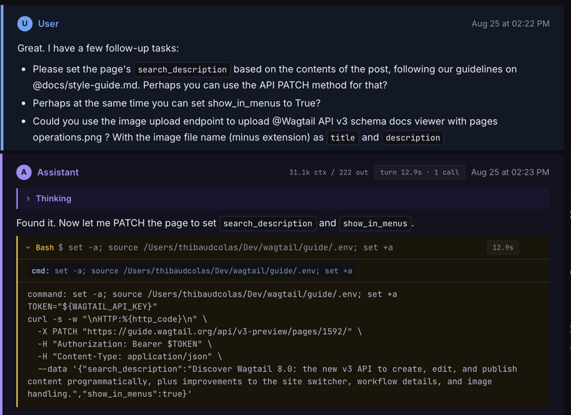 Screenshot of a two-message conversation extract, with a user requesting page updates