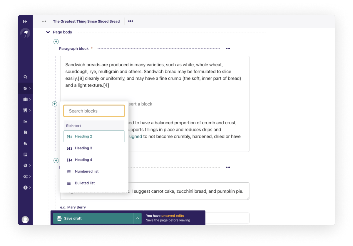 The Wagtail admin interface with the StreamField block builder open.