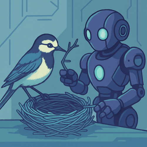 A wagtail bird and a gray, humanoid robot building a nest together.