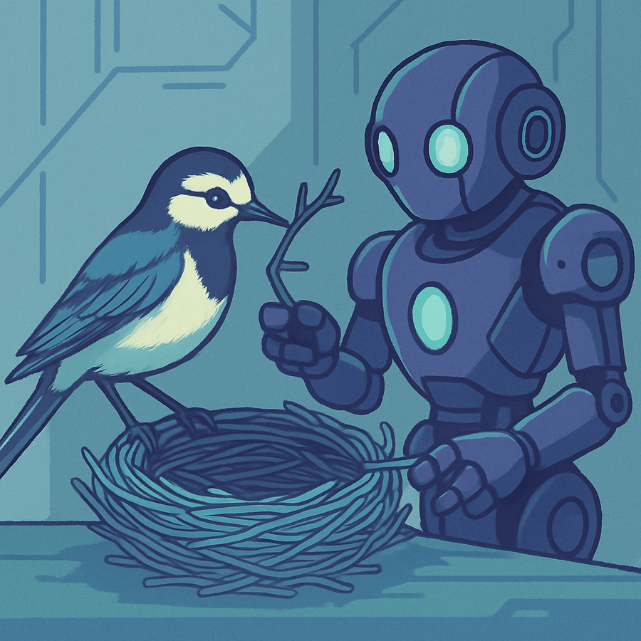 A wagtail bird and a gray, humanoid robot building a nest together.