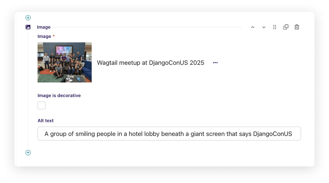 An example of a Wagtail image block including an editable alt text field and a checkbox to mark the image as decorative.