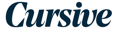 A logo for the agency Cursive with the word cursive spelled out in blue cursive text.