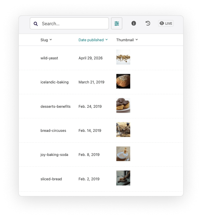 A closeup screenshot of custom slug, publishing date, and thumbnail columns added to the Wagtail admin