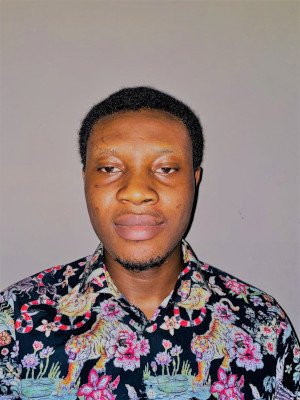 This is a photo of Damilola smiling for the camera. He is wearing a colorful button-down shirt with tigers on it.