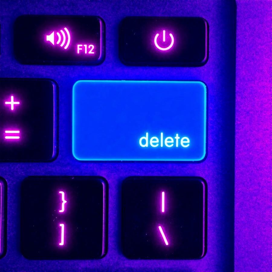 A neon blue delete key on a keyboard.