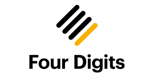 This is the logo for the company Four Digits. It has four lines on a diagonal angle above the words Four Digits.