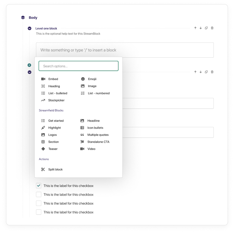 This image shows the new chooser created for the StreamField interface in Wagtail