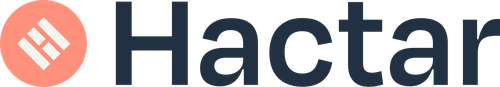 This the Hactar logo which is the word Hactar in blue letters next to an orange circle with a white symbol inside it.
