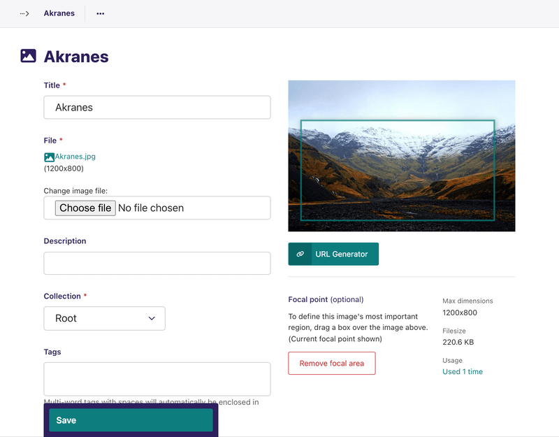 Image editing form for Akranes - to the right of the form is an image preview focal point controls and metadata about the image