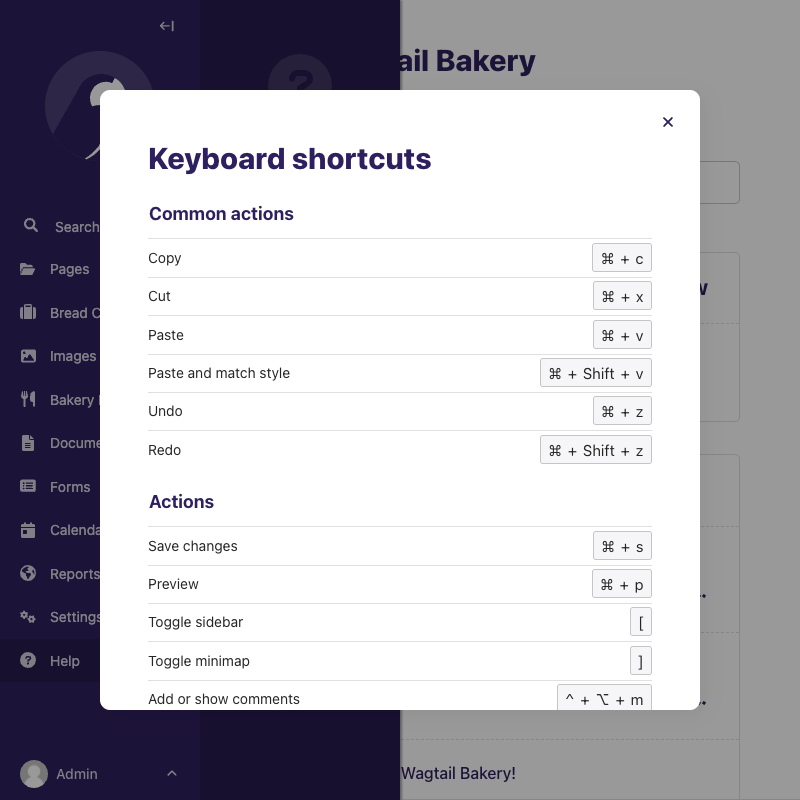This is a screenshot of the full listing of keyboard shortcuts that you can use now in Wagtail on a Mac computer