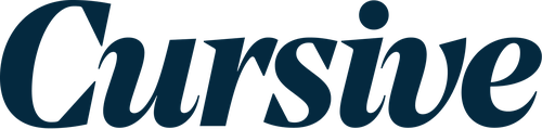 A logo for the agency Cursive with the word cursive spelled out in blue cursive text.