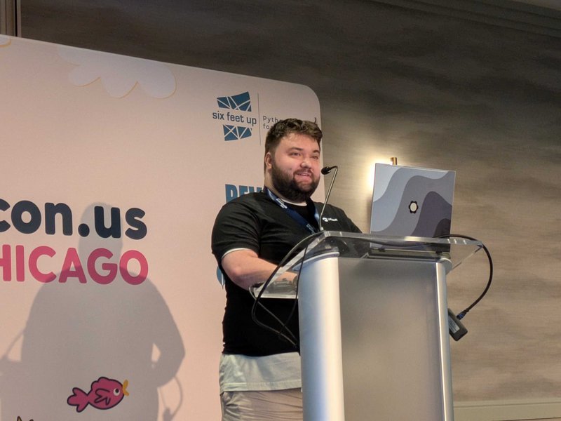 Michael Riley of Platform.sh on stage at DjangoCon US giving a talk on Wagtail.
