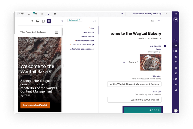 This is a demo of the Wagtail content editor language for someone who uses Arabic, a right-to-left language, for their content editing.
