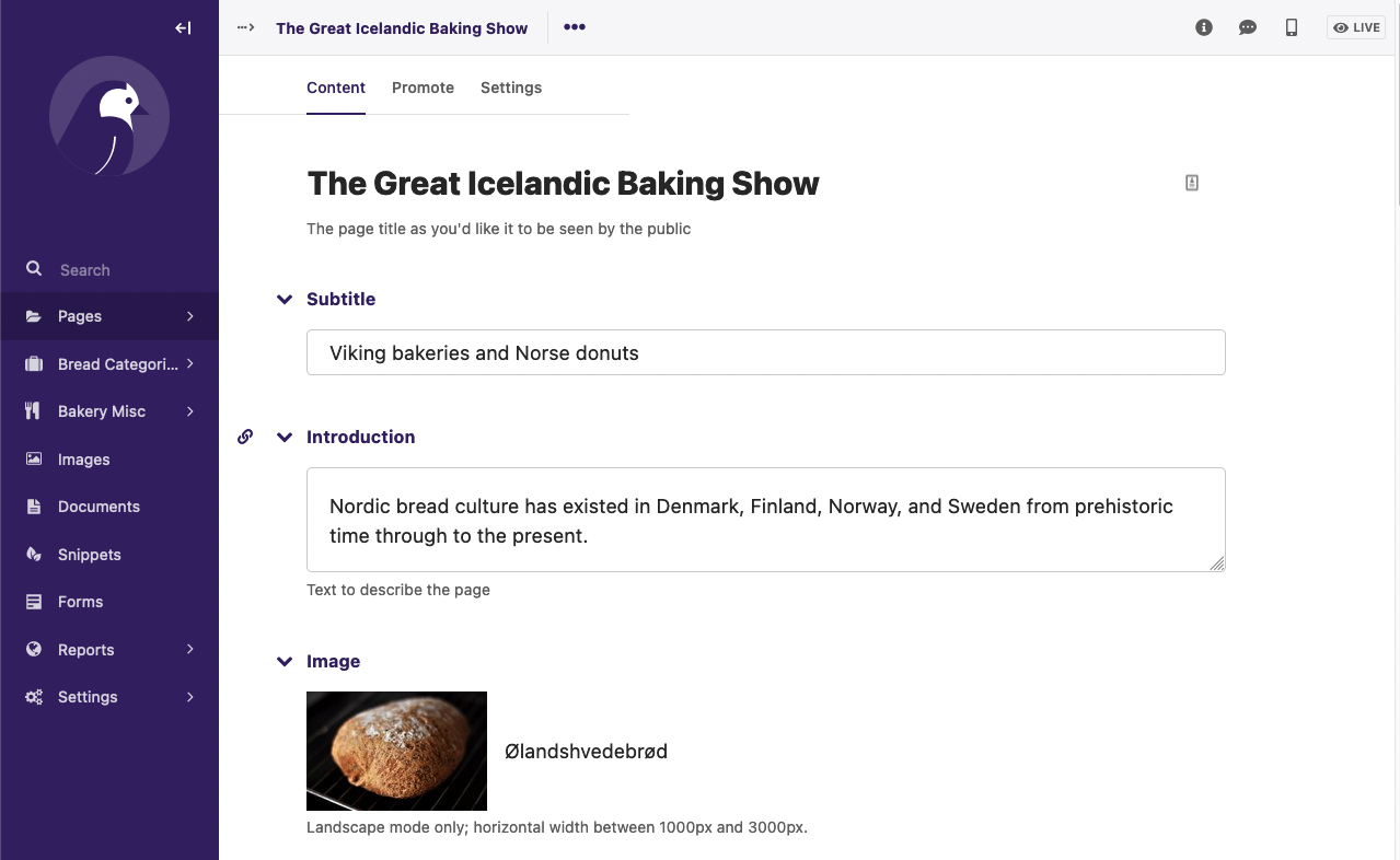 This is a screenshot showing the newest page editor design for Wagtail 4.0