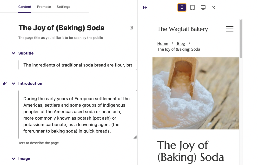 This is a screenshot demonstrating the new preview panel in Wagtail 4.0 and how it can display the mobile, tablet or full versions of the page.