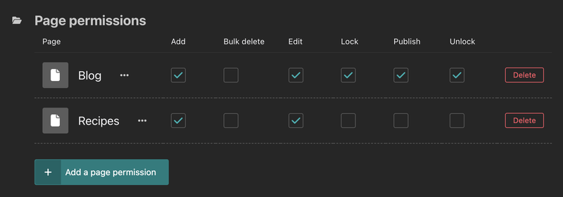 Page permissions setting when editing a group in the Wagtail admin