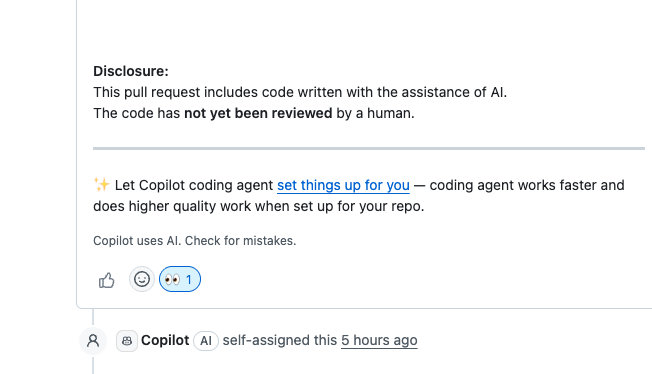 Disclosure: This pull request includes code written with the assistance of Al. The code has not yet been reviewed by a human. + Let Copilot coding agent set things up for you - coding agent works faster and does higher quality work when set up