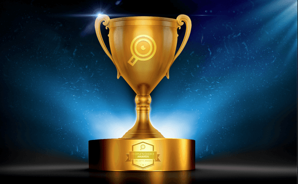 A gold trophy with the CMS critic logo on it and a blue background.