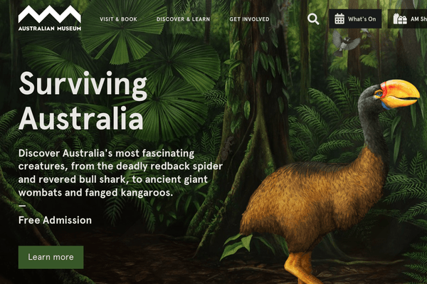 A screenshot of the Australian Museum homepage with a headline story about surving Australia's most deadly creatures.