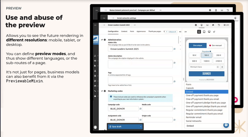 Screenshot of a slide "Use and abuse the preview" with a screenshot of the editor UI and live preview on a donation widget