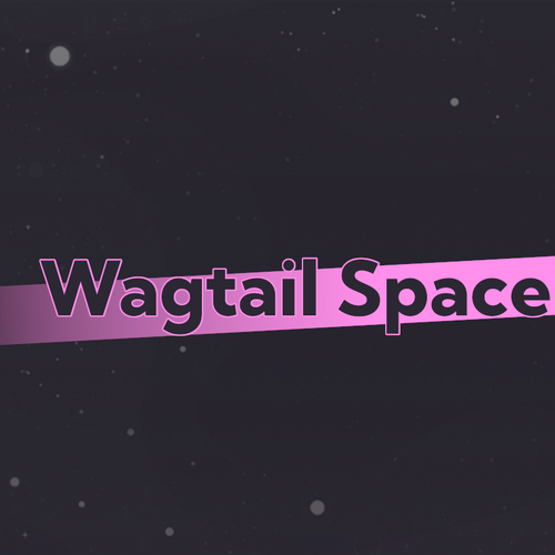 The words Wagtail Space in cosmic pink with a wagtail bird riding a rocketship over them.