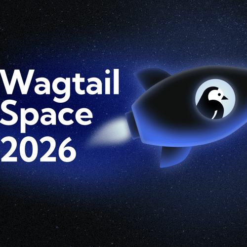 The words Wagtail Space 2026 are floating to the left of a purple and black rocket with a wagtail looking out a window portal. There is a hazy purple cloud behind the words and the rocket.