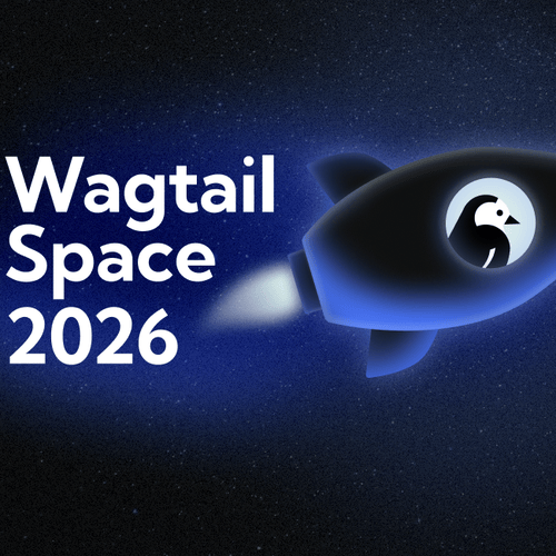 The words Wagtail Space 2026 are floating to the left of a purple and black rocket with a wagtail looking out a window portal. There is a hazy purple cloud behind the words and the rocket.