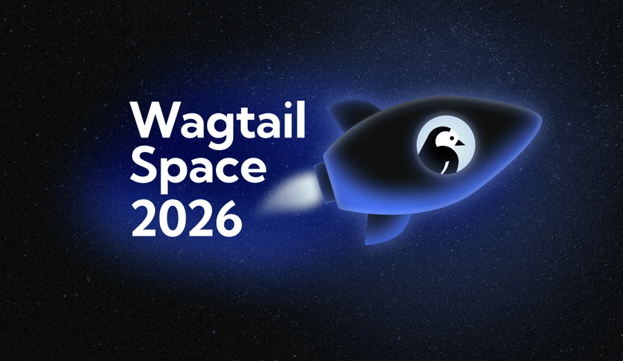 The words Wagtail Space 2026 are floating to the left of a purple and black rocket with a wagtail looking out a window portal. There is a hazy purple cloud behind the words and the rocket.