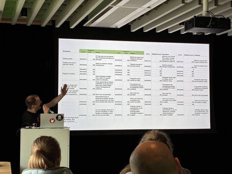 Speaker pointing at a dense comparison table on screen during a Wagtail Space talk
