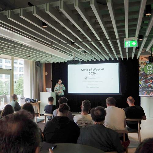 Speaker presenting a State of Wagtail 2026 slide to the Wagtail Space audience after the intro