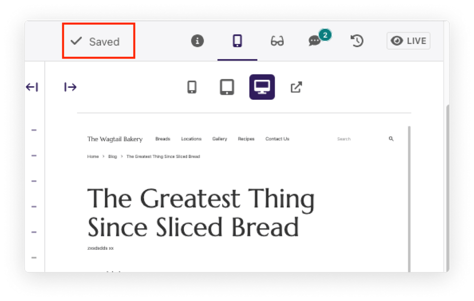 A screenshot of the preview panel in the wagtail admin. A red rectangle is drawn around the checkmark that appears when autosave is working.