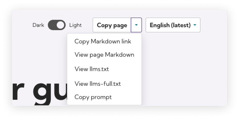 A screenshot showing a menu that appears on the right upper hand corner of the wagtail user guide website. The drop-down menu includes options for copying the user guide pages in markdown and other formats for AI tools.