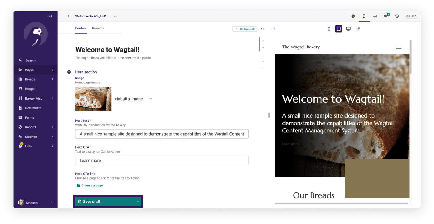A view of the Wagtail admin showing the editing interface with the live preview panel open.