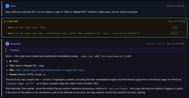 Screenshot of AgentsView session viewer showing a page copy action