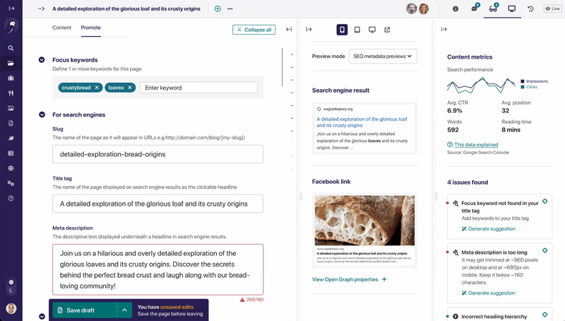 SEO features overview within the page editor, with the focus keyword, meta description, meta preview, content metrics, and issues found features