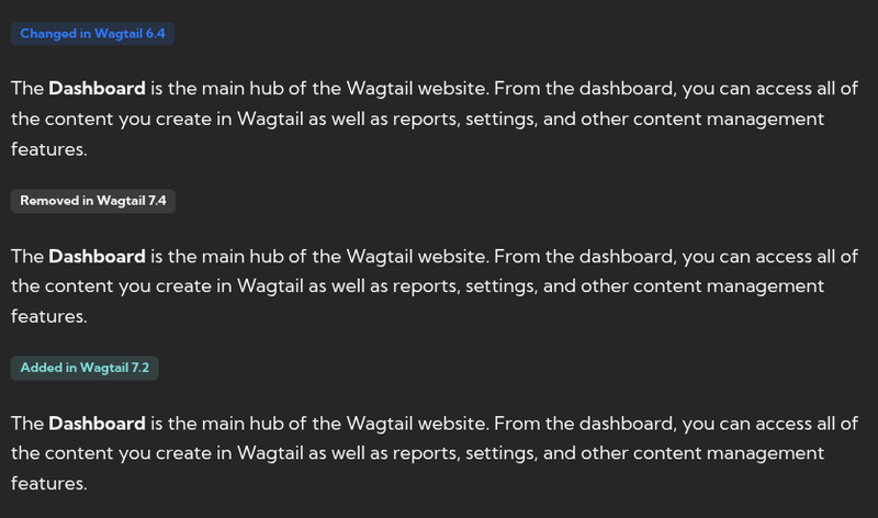 Screenshot of "version added/changed/removed" annotations in content of the guide site