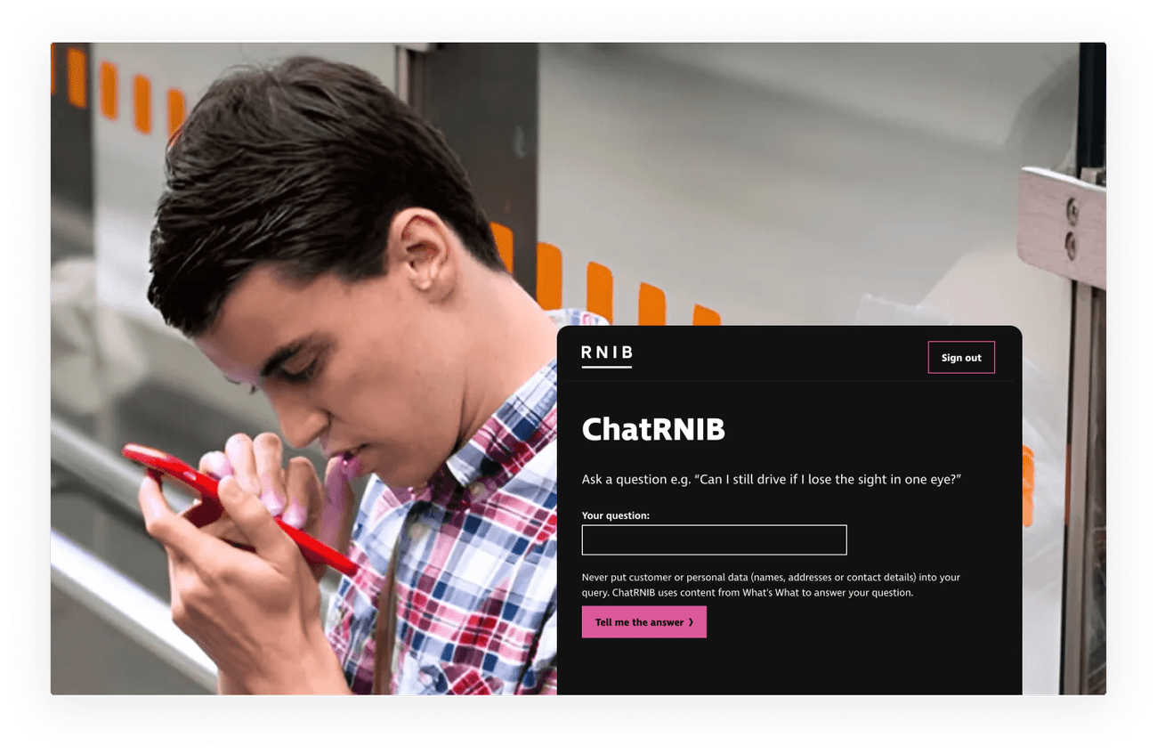 Person using smartphone with magnification alongside RNIB ChatRNIB interface showing AI-powered question and answer tool for sight loss queries