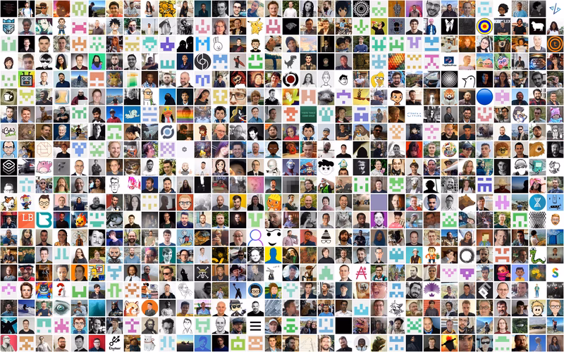Collage of 640 wagtail code contributors’ avatars in a big 32 x 20 grid