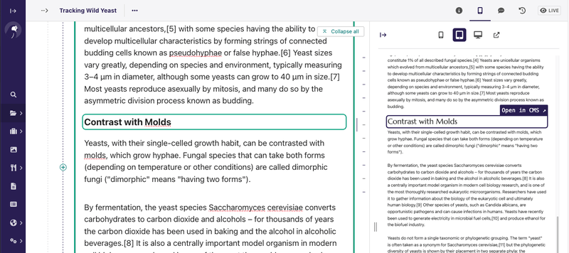 Screenshot of content linking, with CMS form and preview side by side