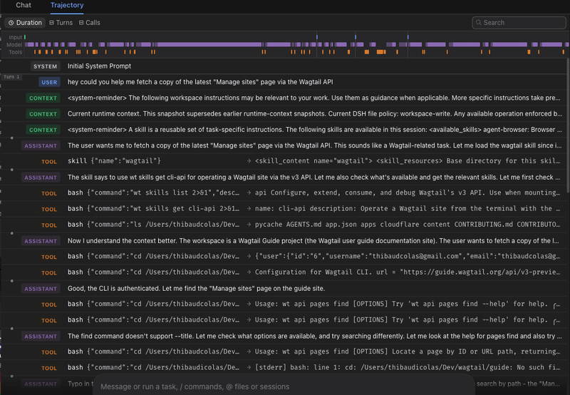 Screenshot of deepseek harness trajectories viewer for a Wagtail API task