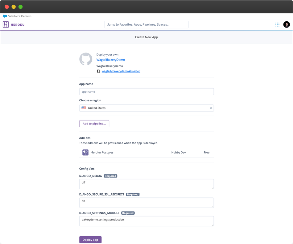 Heroku template deployment page