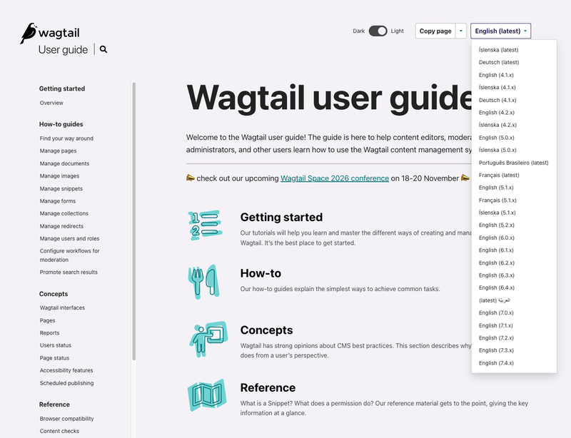 Screenshot of the user guide language/version picker before our project
