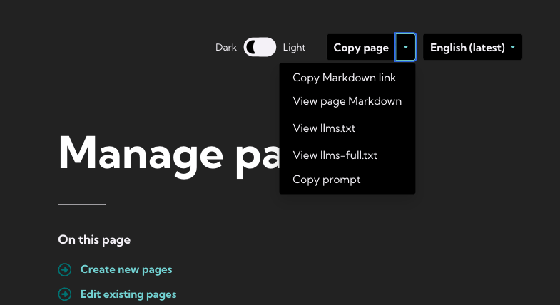 Screenshot of the developer guide with the "Copy page" dropdown of LLM tools opened