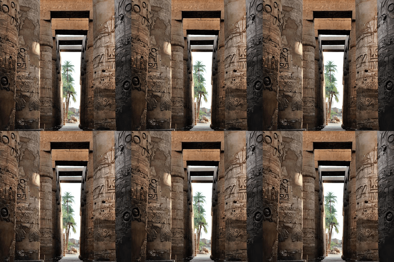 Collage of 6 identical images of an Egyptian temple, with different encoding settings