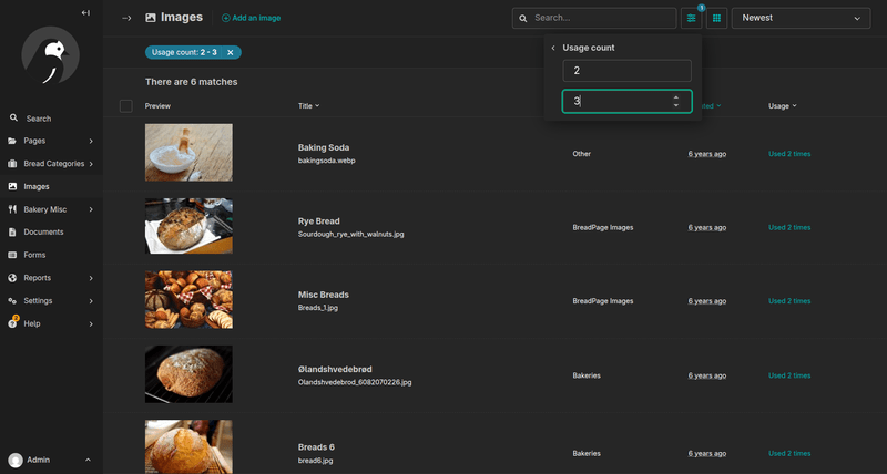 Image listing list layout with filter by usage count from 2 to 3
