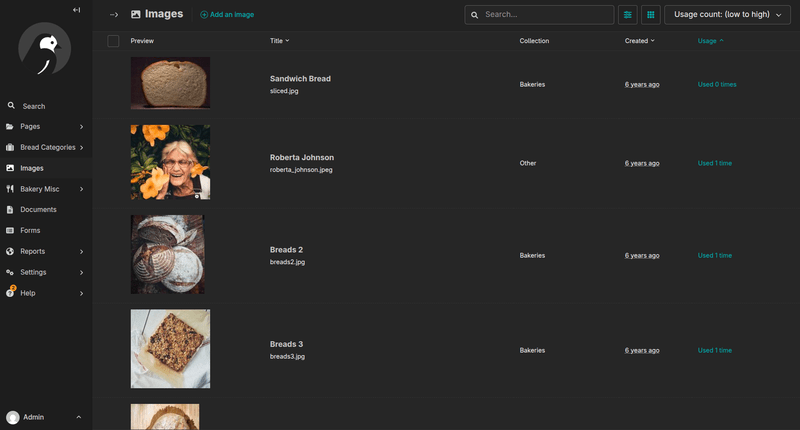 Image listing list layout in dark mode, with four images, showing with usage count sorted from low to high