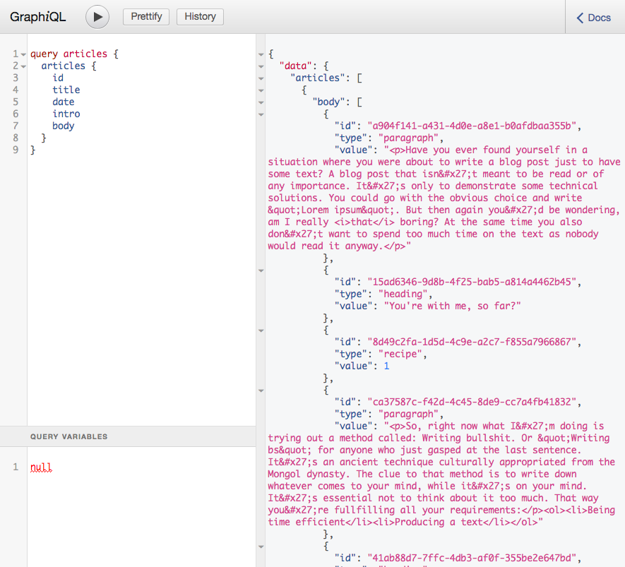 GraphiQL: JSON StreamField output with an embedded snippet